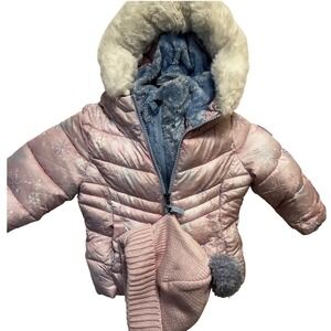 NWT Snozu Puffer Jacket w/ Faux Fur, Hood, Snowflake Print, & beanie set 4T